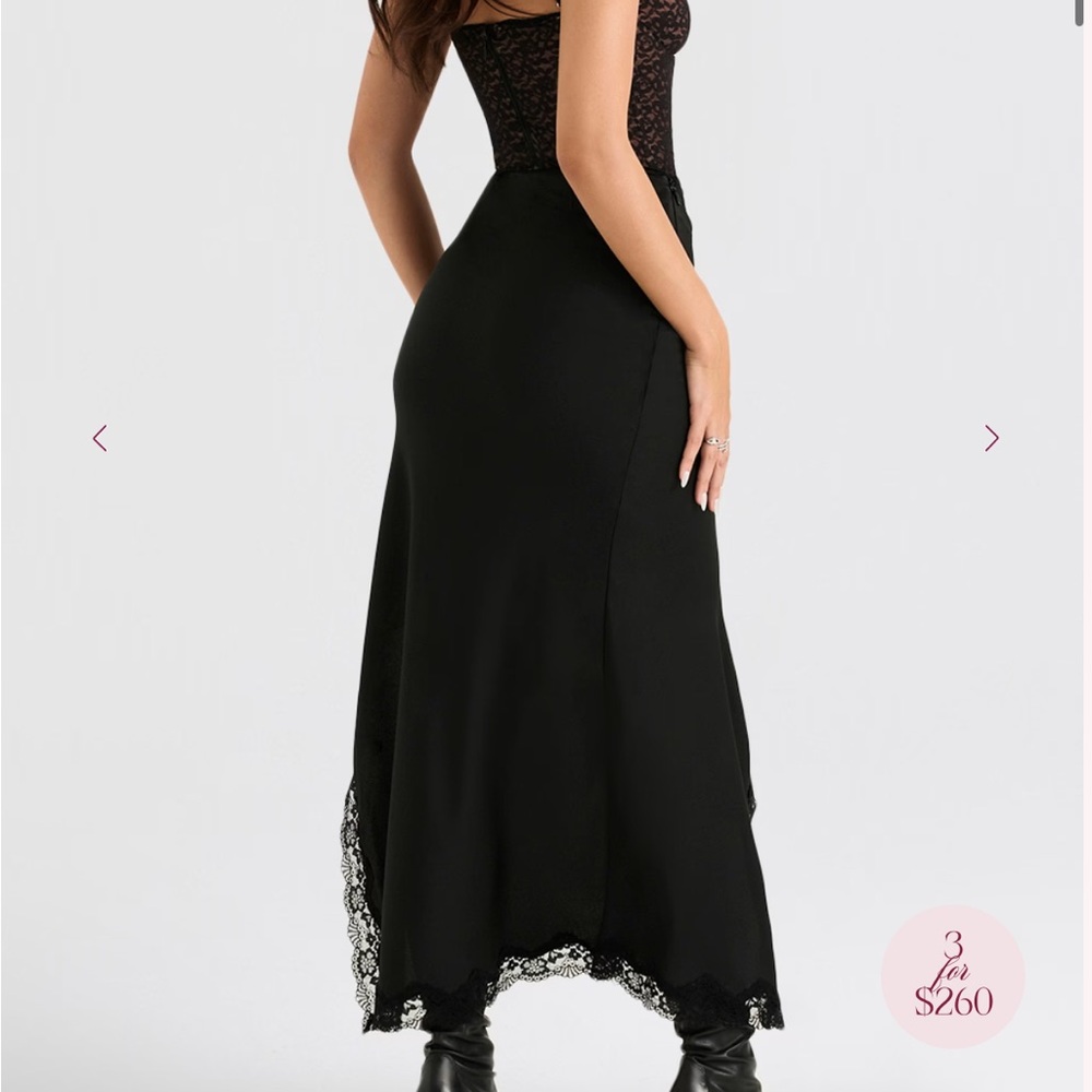 House of CB RUBY NWT Black Satin Lace Trim Midi Skirt Small - Picture 4 of 10